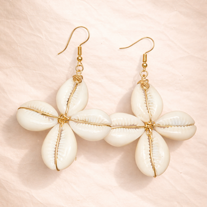 Abena Cowrie Bloom Earrings detail, cowrie shell earrings from Ghana