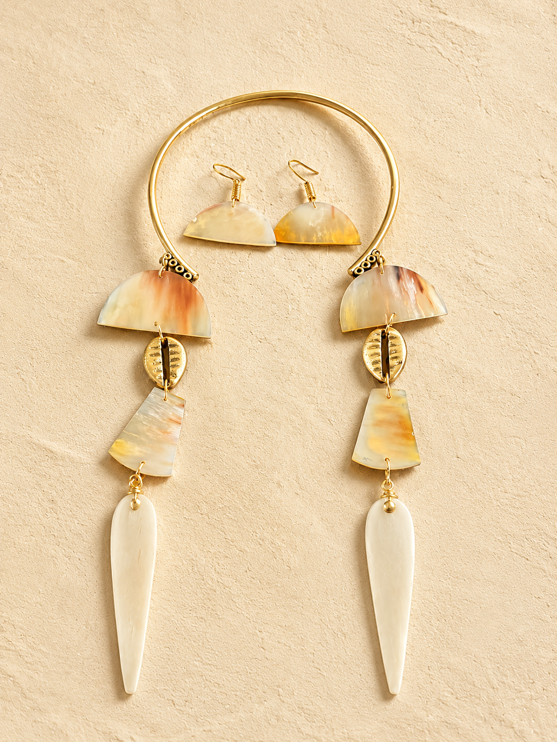 Cow Horn Necklace Earring Set, Brass African Jewelry