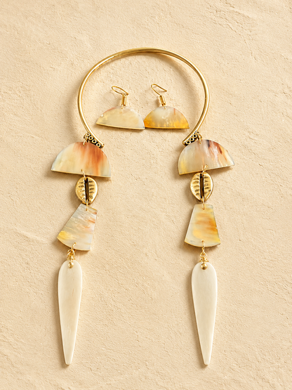 Cow Horn Necklace Earring Set, Brass African Jewelry