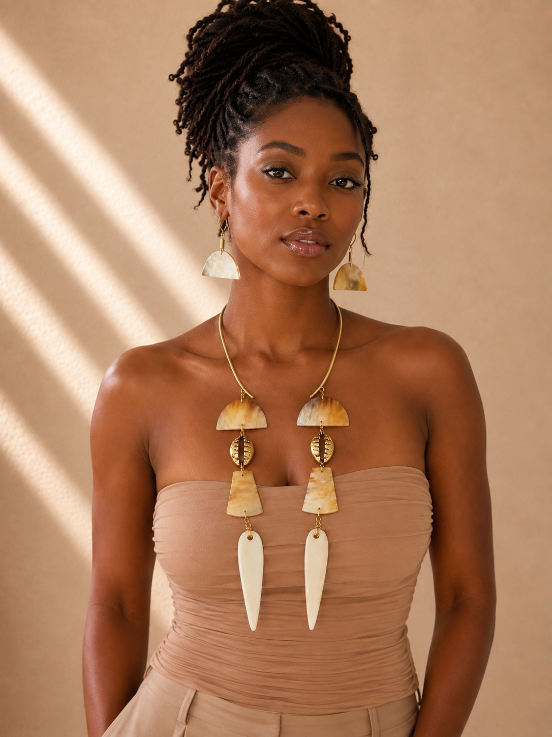 Cow Horn Necklace Earring Set, Brass African Jewelry