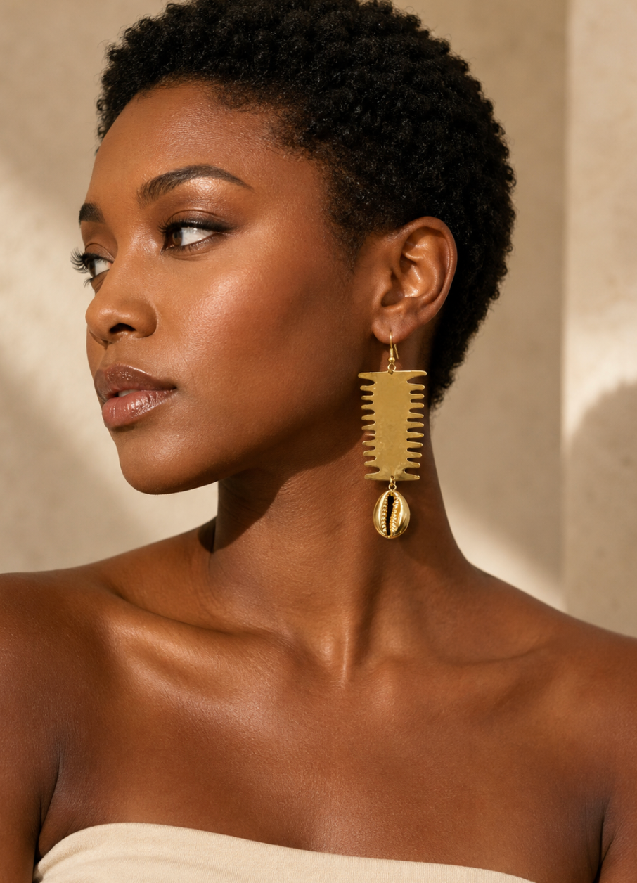 Ghanaian Brass Fringe Cowrie Drop Earrings