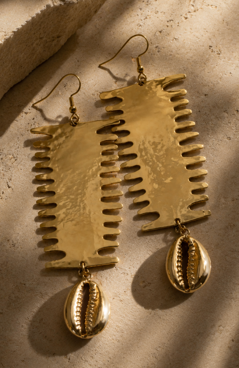 Ghanaian Brass Fringe Cowrie Drop Earrings