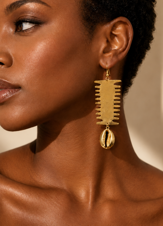 Ghanaian brass fringe cowrie drop earrings